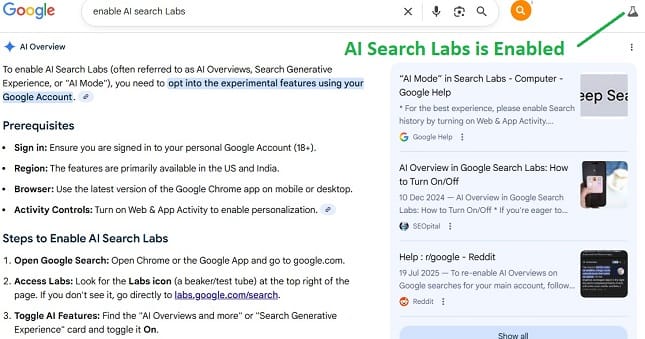 Enable AI Search Labs
