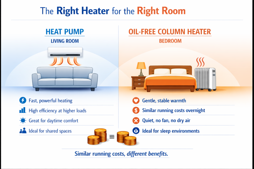 Use the oil-free heater for the bedroom Airconditioner for the lounge